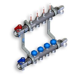 7-fach Heizkreisverteiler Edelstahl Rundrohr - 1" AG, DFM absperrbar mit Skala 0-4 l/min