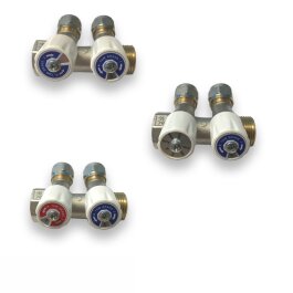 2-krotny rozdzielacz sanitarny mosiężny z zaworami odcinającymi16 x 3/4" Biały z możliwością zmiany oznaczenia