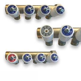 4-krotny rozdzielacz sanitarny mosiężny z zaworami odcinającymi16 x 3/4" Biały z możliwością zmiany oznaczenia