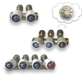 Rozdzielacz z mosiądzu sanitarnego z zaworami odcinającymi16 x 3/4" biały z możliwością zmiany oznaczenia