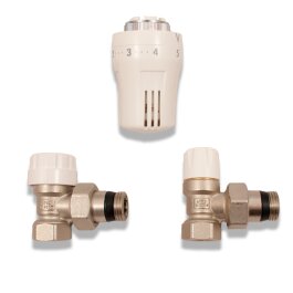 Set Thermostatkopf + Thermostatventil Eck + Rücklaufverschraubung Eck 1/2"