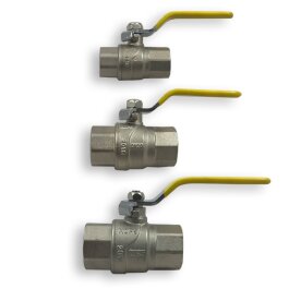 Mosiężny zawór kulowy DIN-DVGW Gaz IG/IG Żółty w różnych rozmiarach. Rozmiary