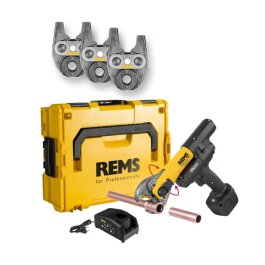 REMS Akku Mini-Press ACC 14V LI-Ion Basic V-Kontur inkl. Ladegerät und Akku in L-Boxx mit 3 Stück Pressbacken (12-35 mm) 12 V 28 V 18 V