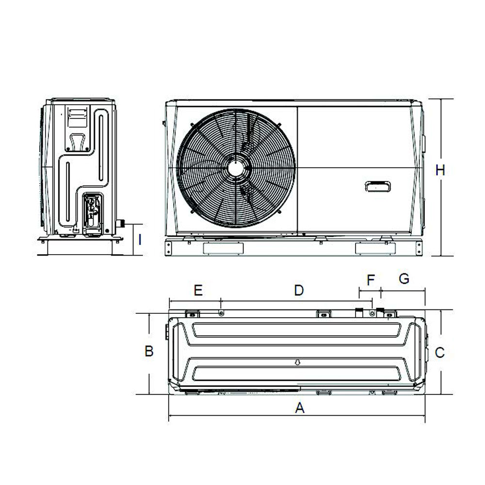 Produktbild und Maßzeichnung AirFlex Wärmepumpe
