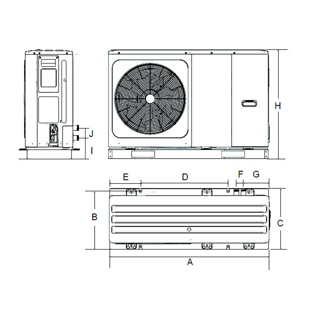 Produktbild und Maßzeichnung AirFlex Wärmepumpe